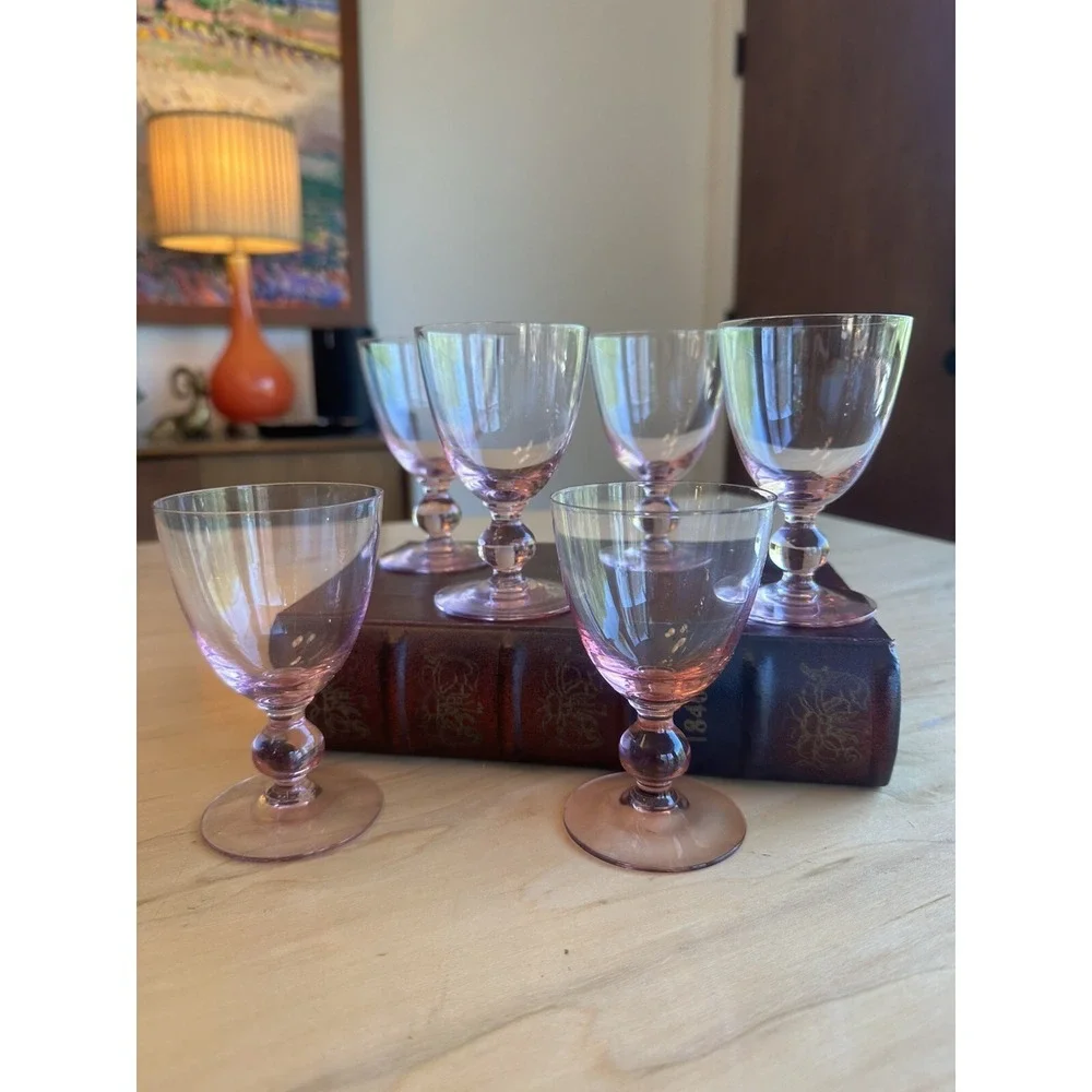 (6) Vintage MCM Pink 4oz Glasses Bar Ware Drinking Liquor Ball Stem Cocktail